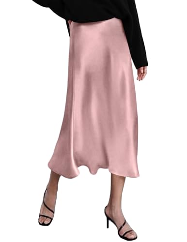Zeagoo Womens Midi Skirts Casual Work High Waist Silk Satin Skirts Party Dress Pink
