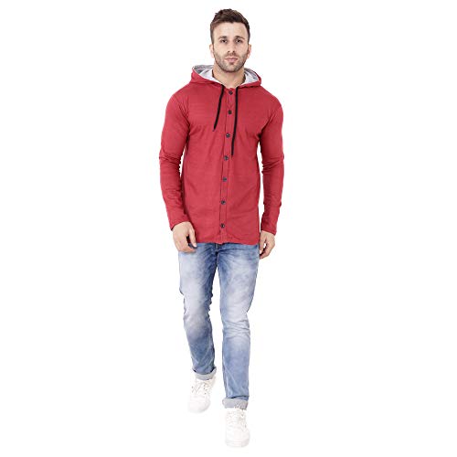 Image of Geum Men's Full Sleeve Hooded T-Shirt with Button-Down Front | Casual Slim Fit Cotton Shirt-Style Tee