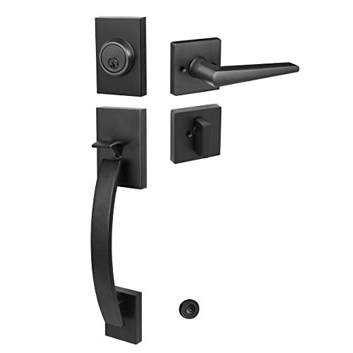 Front Door Keyed Entry Handleset Reversible for Right and Left Handed ,with Single Cylinder Deadolt in Black,MDHST2017DB-AMZ