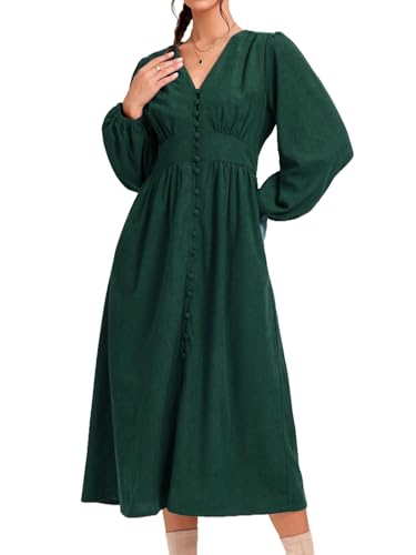 Womens Corduroy Midi Dresses Button Up A Line Puff Sleeve 2025 Wedding Guest Maxi Dress Green