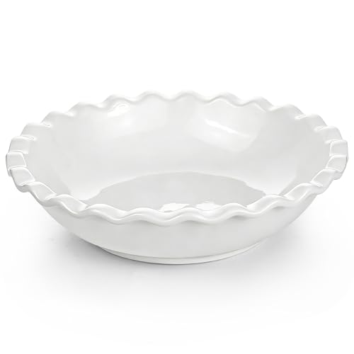 LONTOM 22CM Crinkle Rim Pie Dish for The Oven Large White Ceramic Deep Pie Dish Durable Non-Stick Pie Plate Baking Dishes Flan Dish for Pies Pasty Shepherds Pie Tarts & Desserts Pizza Dishwasher Safe
