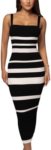CutieLove Women's Casual Sleeveless Striped Bodycon Midi Dress Square Neck Ribbed Knit Dresses