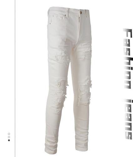 Jeans Pants Trousers Denim Men Street Trendy White Worn Hole Pierced Hairy Fringe Personalized Wrinkle Elastic Tight Stretch Slim Fit Casual Small Leg(White,31)3