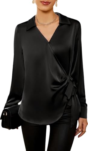Blusas Mujer,Blusas De Seda Satinada para Mujer, Elegantes, con Lazo En La Cintura, Cuello En V, Corte Holgado, Manga Larga, Dobladillo Curvo, Túnica, Blusas Formales De Oficina para Trabajo, Jerse