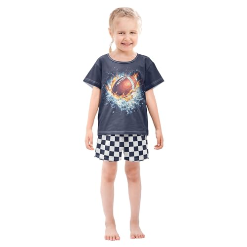 Checkerboard Plaid Football Dark Blue Pajama Set Short Sleeve Sleepwear Soft Pajamas Shorts Sets Cotton PJS 5Y3