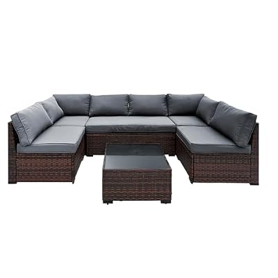 TARKARI 7 Piece Outdoor Furniture Set, PE Rattan Patio Conversation Set, Outdoor Sectional Furniture Sofa Set with Thick Cushions and Coffee Table, Gray