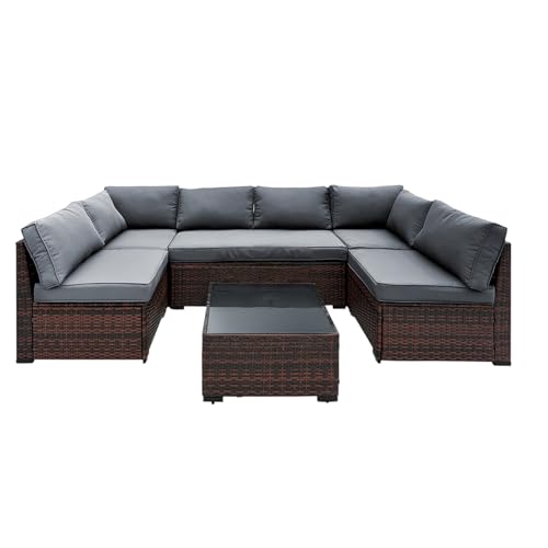 Image of TARKARI 7 Piece Outdoor Furniture Set, PE Rattan Patio Conversation Set, Outdoor Sectional Furniture Sofa Set with Thick Cushions and Coffee Table, Gray
