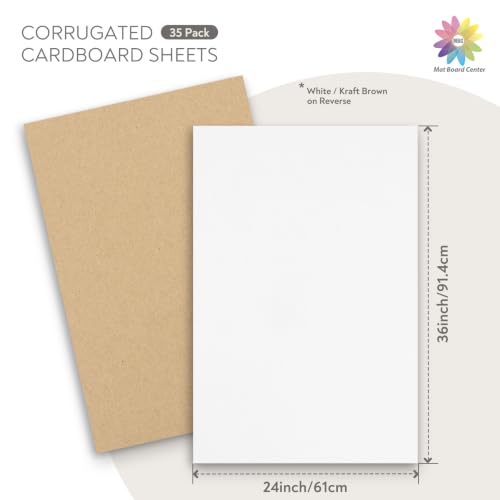 Image of Mat Board Center, 35 Pack 24x36 Inch Corrugated Cardboard Sheets Large | 2mm Thick White Flat Cardboard Inserts for Mailing, Packing & Shipping, Craft Card Board (White on one side)