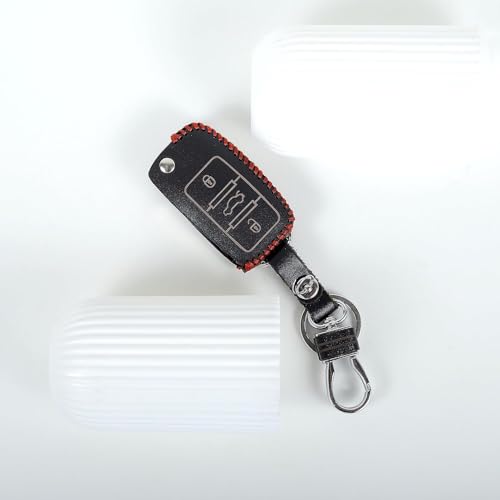 Image of Leather Smart Car Key Cover Case with Metal Hook Keychain for Skoda Octavia<2014, Rapid, Yeti, Superb, Laura, Fabia, Volkswagen Jetta, Vento, Polo, Ameo (Black)