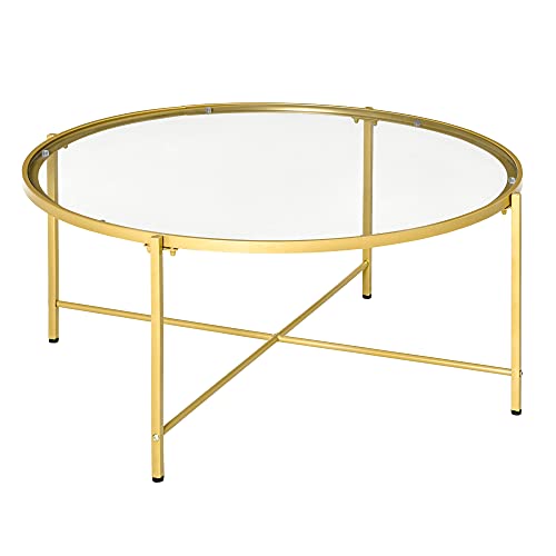 Homcom 36" Round Coffee Table With Tempered Glass Top, Modern Sofa Table With Metal Frame For Living Room, Gold #TOP20