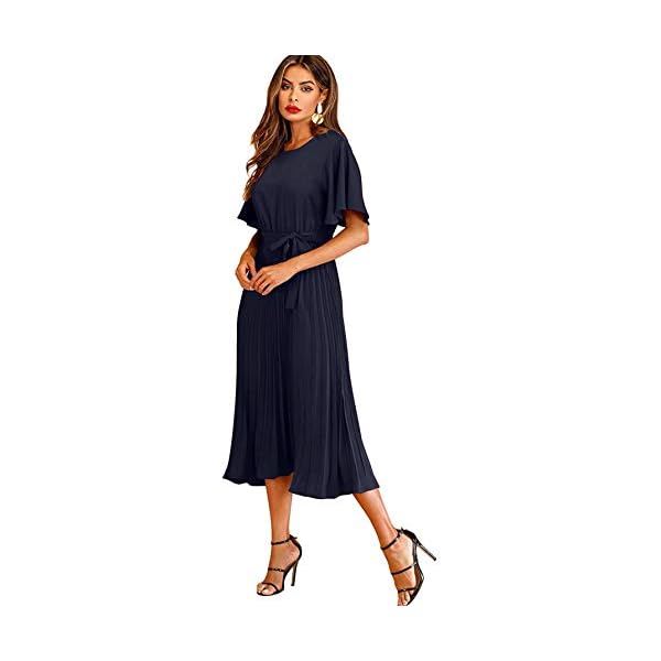Milumia Women's Elegant Belted Pleated Flounce Sleeve Long Dress Navy Blue Large