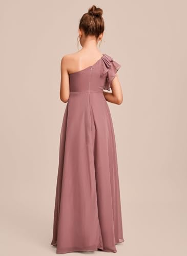 One Shoulder Junior Bridesmaid Dresses with Pockets A Line Ruffles Chiffon Long Flower Girl Dress for Wedding2