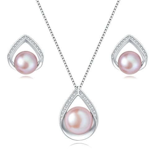 BAMIKI Pearl Necklace and Earrings Set 925 Sterling Silver Pink-purple