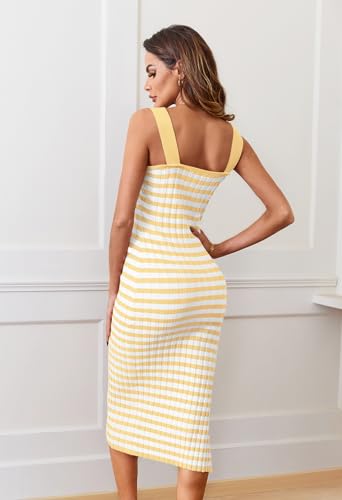Image of MEROKEETY Womens Summer Striped Bodycon Midi Dress 2026 Beach Vacation Sleeveless Tank Ribbed Knit Baby Shower Sweater Dress