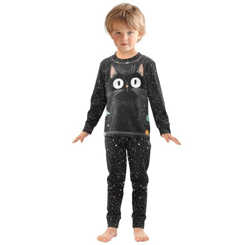 Fustylead Black Cat with Stars and Planets Cotton Pajamas, Snug Fit Long Sleeve Soft Sleepwear Pjs3
