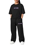 LuxyBear Girls 2 Piece Outfits Fashion Tracksuits 3/4 Sleeve Sweatshirts and Loose Casual Pants with Pockets Sets Black 9-10 Years
