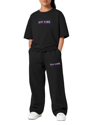 LuxyBear Girls 2 Piece Outfits Fashion Tracksuits 3/4 Sleeve Sweatshirts and Loose Casual Pants with Pockets Sets Black 9-10 Years