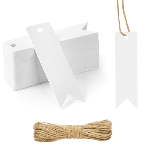 Flintronic 60 Stück Geschenkanhänger Kraftpapier Anhänger zum Beschriften mit 10m Jute Schnur Handmade Label für Geschenkverpackung Hochzeit Halloween Erntedankfest Weihnachten DIY(Weiß)