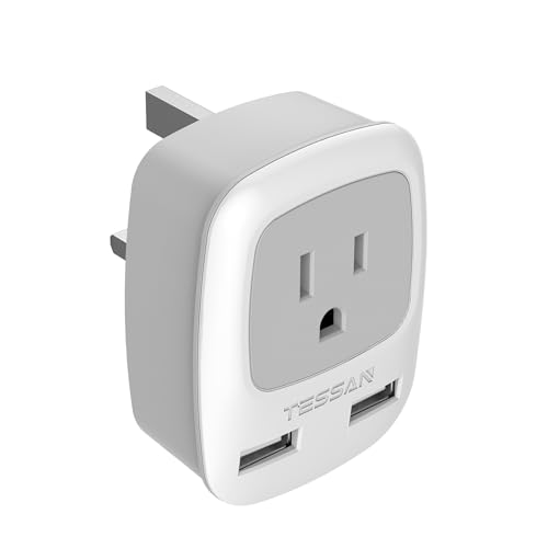 TESSAN UK Adapters for Travel, Ireland Hong Kong Plug Adapter with 2 USB, Type G Outlet Adaptor Charger for USA to British England Scotland Irish Qatar London