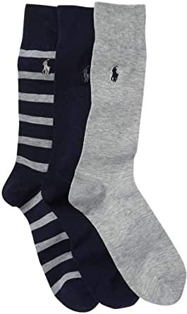 Polo Ralph Lauren 3 Pairs of Mens Casual Dress Trouser Socks 10-13 (Navy Grey Striped)