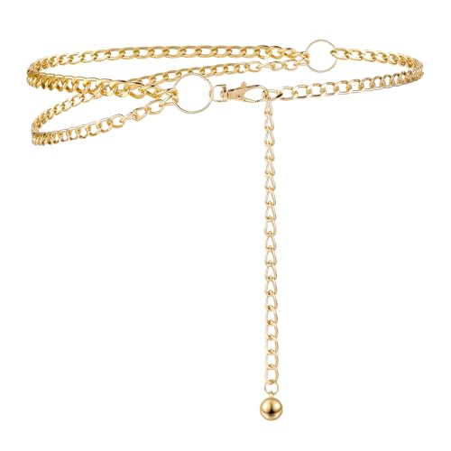 Gold Chain Belt, Gold Belts for Women Metal Waist Chain Adjustable Body Chain Waist Dangling Belt Link Gold Double-Layer Waist Decorative Wedding Belt Chain Fashion Gold Belt for Women Dresses Jeans