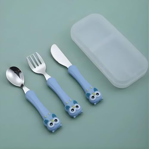 Image of Hian Kids Feeding Spoons Set with Carry Case - 304 Stainless Steel Spoon, Fork & Knife, Bird Design Handle, Easy to Carry for Lunch Box, Travel, Picnic - Blue Color, Pack of 3