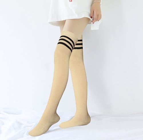 Image of Bestjybt Women Thigh High Socks Cotton Warm Striped Over Knee High Socks | Well-made, Not Sheer, Thick, Leg Warmers, Long Knee High Boot Socks, Comfortable, Thigh-friendly, Stay up, Fit Well