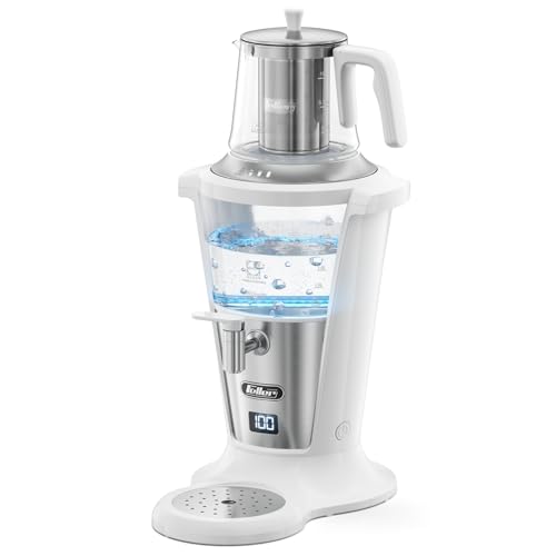Feller Germany 2000W Electric Samovar Tea Maker 3L Samovar + 1L Teapot German Schott Glass Digital Display Anti-Drip Valve Water Flow Stabilizer 2-Year Guarantee TS390 UAE (White)