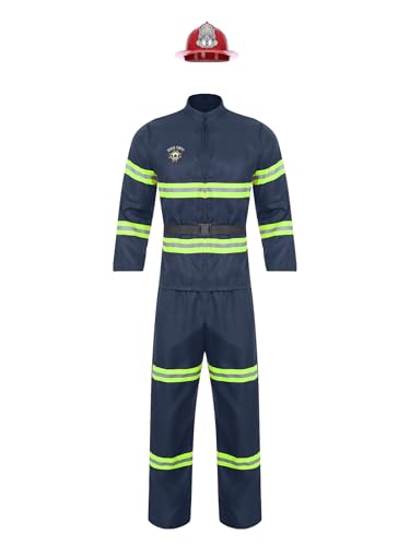 Hedmy Men's Firefighter Costume Halloween Fireman Outfit Fire Station Bunker Gear Role Play Outfits Navy Blue Medium