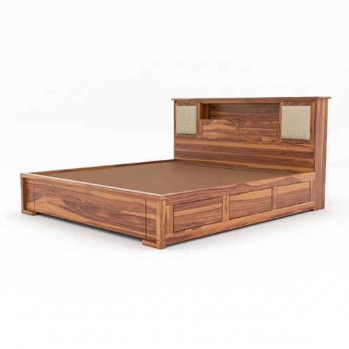 Image of Solid Sheesham Wood Bed with Storage | Wooden Cot with Box Storage & Upholstered Headboard | Strong Durable Frame | Modern Luxury Bed for Bedroom Home & Hotel (Honey Finish, Queen)