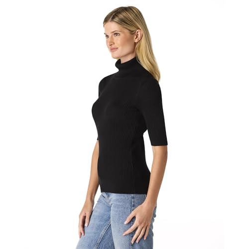 Cable & Gauge Women's Short Sleeve Mock Neck Sweater - Soft Knit Fabric, Ribbed Texture, Elbow-Length Sleeves, Casual Top2