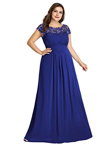 Ever-Pretty Vestido de Noche Cuello Redondo Encaje Gasa Corte Imperio A-línea Talla Grande para Mujer Azul Zafiro 48