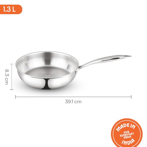Image of Borosil Cookfresh 1.3L Tri-ply Stainless Steel Frypan with Handle | Gas, Induction Compatible | SS304 Food Grade Steel 20cm Frying Pan | Even Heat Distribution | Dishawasher Safe | 5 Year Warranty