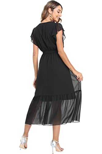 Image of VintageClothing Womens Sundress Casual Floral Summer Boho Dress | Flowy Wrap V Neck Ruffle A-Line Pleated Hem Midi Dresses