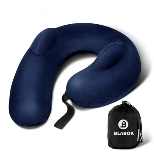Image of Inflatable Neck Pillow for Travel - Travel Pillow Support Head and Neck, Soft Washable Velvet Cover, Compact Neck Support Pillow for Airplane (Dark Blue)