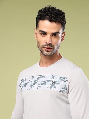 Image of TECHNOSPORT Men Polyester Self Design Chest Print Slim Fit Long Sleeve T-Shirt for Gym, Workout and Regular Use with SPF50+
