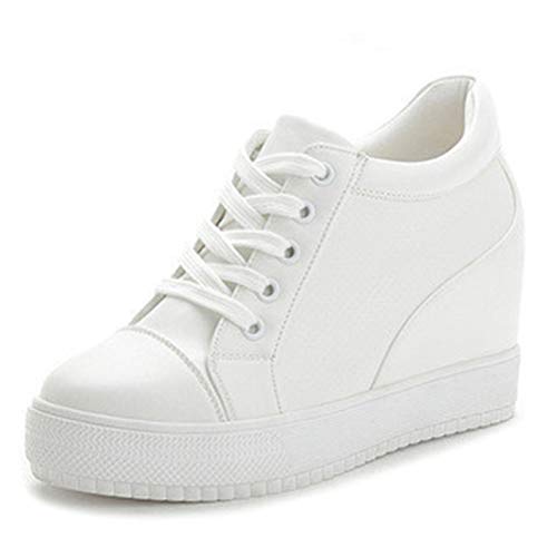 Women Hidden Heel Trainers Shoes High Top Wedges Casual Sports Lace Up Gym Platform Athletic Height Increasing Casual Stylish Sneakers White