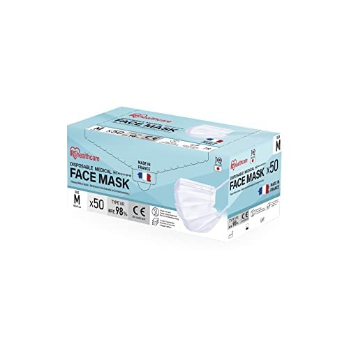 Iris Ohyama, Pack de 50 masques chirurgicaux 3 plis BFE 98%, Easy Fit V-Design type IIR, Elastique anti-irritation, Fabriqué en France, Taille L - Protective Mask PN - Blanc Cover