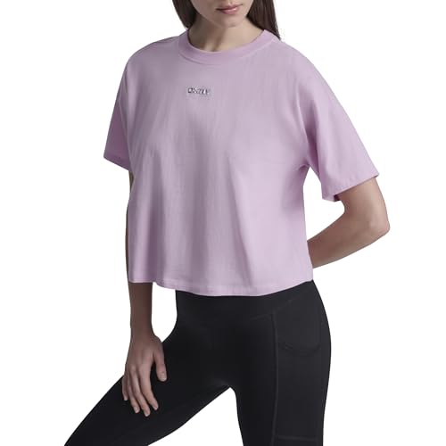 DKNY Women's Metallic Bubble Logo Drop Shoulder Cropped Tee, Pink Lavender, Small