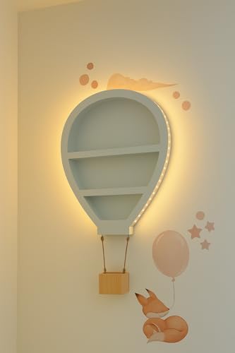Garden Mile Scaffali in Legno Bianco per Bambini, Mongolfiera, Montaggio a Parete, Luci LED, Mensola per Libri con Luce...