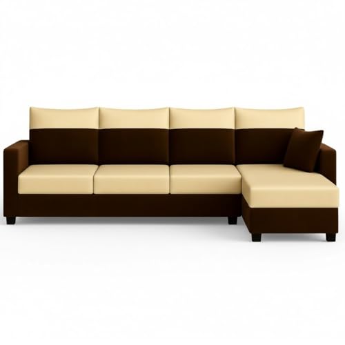 Image of Furny Arevva 6 Seater Fabric RHS L Shape Sofa Set (Cream-Dark Brown) | Soft Velvet Fabric | Modern Design | Comfortable Seating | Living Room Furniture