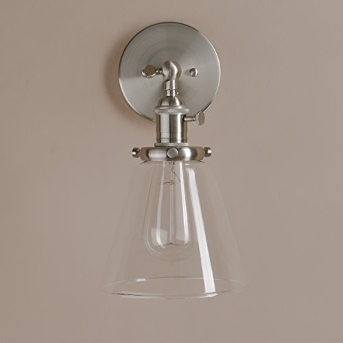 Image of PERMO Industrial Wall Sconce Lighting with On /Off Switch Funnel Flared Clear Glass Hand Blown Shade (Brushed)