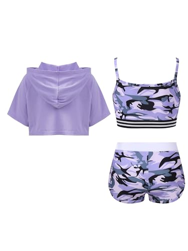 YiZYiF Kids Girls 3 Piece Dance Gymnastic Workout Outfit Short Sleeve Hooded with Crop Tank Top Shorts Sport Tracksuit2