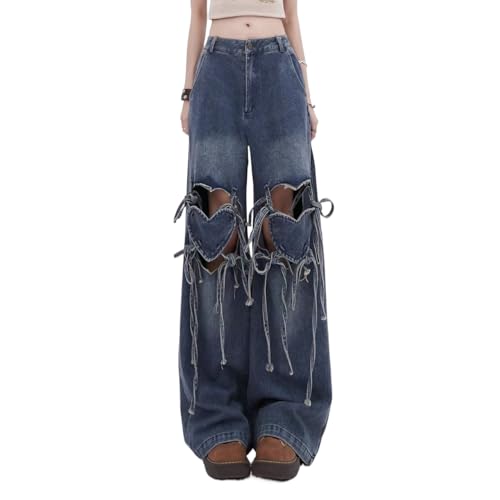 Y2k Heart Hollow Out Design Bowknot Strap Jeans Kawaii Preppy Loose Fit Denim Pants Grunge Hiphop Streetwear