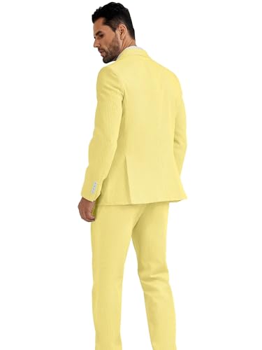 High-End Suits Men's Seersucker Suits 2 Piece Casual Summer Beach Wedding Prom Suit Yellow Prom Striped Blazer Pants Set L2