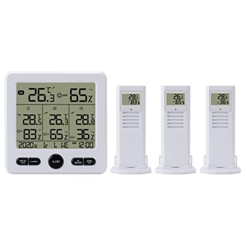 NIKJEBDF Wireless Hygrometer Thermometer, Weather Station with 3pcs Outdoor Sensor, Digital LCD Temperature and Humidity Monitor with 5 Second Alarm and Color Prompt Function Cover