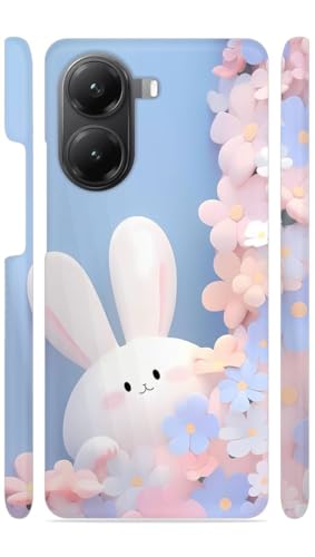 Image of White Bunny Blue Flowers Designer Printed Hard Back Cover for Poco X7 Pro 5G Attractive and Uniquely Crafted Smartphone Case