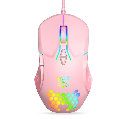Wired USB Mouse, Computer Mouse with RGB Lighting, 4 Adjustable DPI, Ergonomic Optical Office Mouse, 7 Buttons Corded Mice for Window/PC/Laptop/Desktop/Mac/Chromebook, Pink