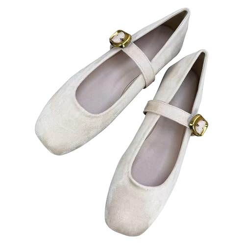 Hee grand Women's Square Toe Mary Jane Shoes Ankle Strap Ballet Flats Comfortable Suede Dress Shoes