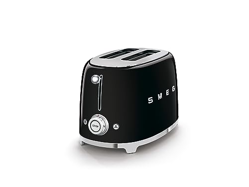 Image of Smeg Toaster, 2 Wide Slot, Original Italian Brand, Patented Smeg Color, Auto Center for Even Browning, Smart Crumb Tray Drawer, Multi-Use: Defrost, Reheat & Bagel, 6 Toast Level, 950W (Black)